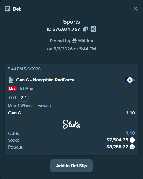 Bet slip: Gen.G - Nongshim RedForce, $17,065.80 stake at 1.10 odds, placed by Hidden