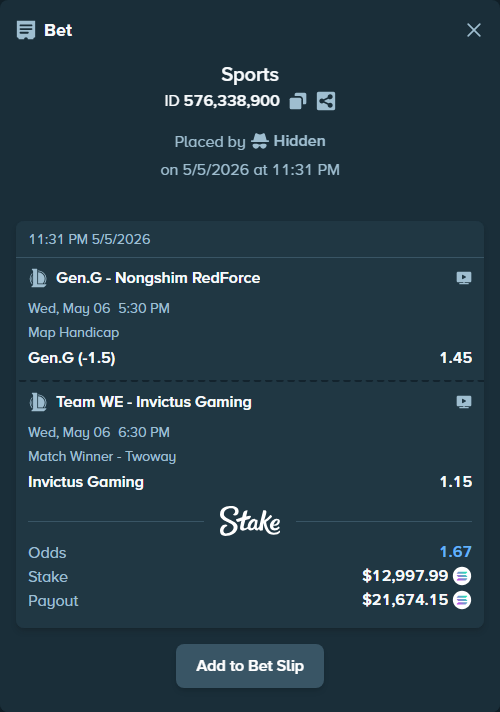 Bet slip: Gen.G - Nongshim RedForce, $30,337.31 stake at 1.45 odds, placed by Hidden
