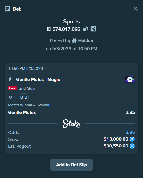 Bet slip: Gentle Mates - Magic, $13,000.00 stake at 2.35 odds, placed by Hidden