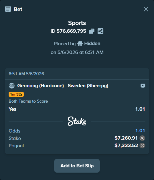 Bet slip: Germany (Hurricane) - Sweden (Sheerpy), $12,791.92 stake at 1.01 odds, placed by Hidden
