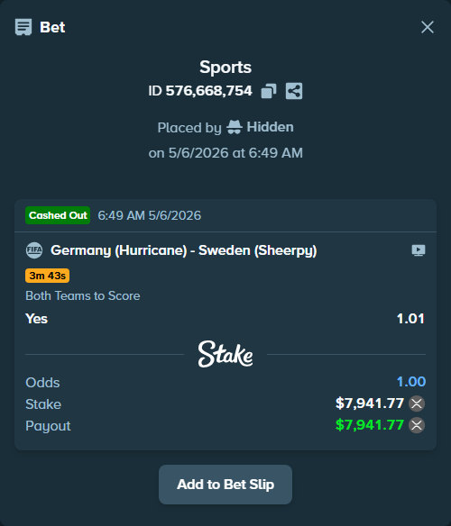 Bet slip: Germany (Hurricane) - Sweden (Sheerpy), $13,991.41 stake at 1.01 odds, placed by Hidden