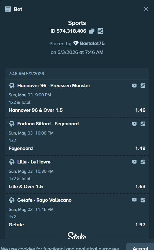 Bet slip: Getafe - Rayo Vallecano, $13,000.00 stake at 1.97 odds, placed by Bastalot75
