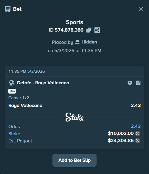 Bet slip: Getafe - Rayo Vallecano, $17,921.08 stake at 2.43 odds, placed by Hidden