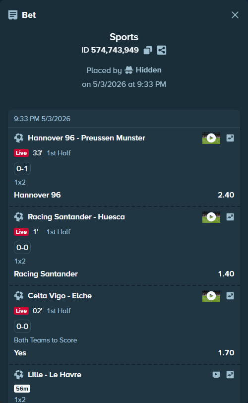 Bet slip: Getafe - Rayo Vallecano, $20,000.00 stake at 1.96 odds, placed by Hidden