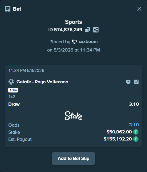 Bet slip: Getafe - Rayo Vallecano, $50,062.00 stake at 3.10 odds, placed by xxxboom