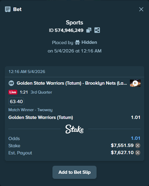 Bet slip: Golden State Warriors (Tatum) - Brooklyn Nets (Larry), $13,549.44 stake at 1.01 odds, placed by Hidden