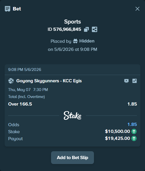 Bet slip: Goyang Skygunners - KCC Egis, $10,500.00 stake at 1.85 odds, placed by Hidden