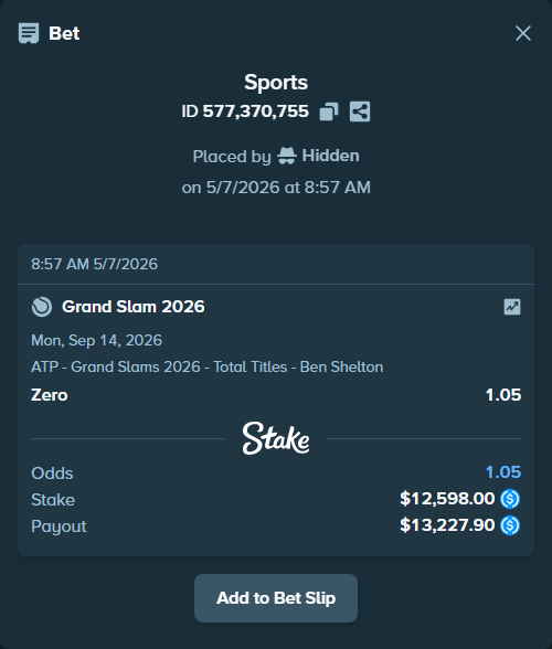 Bet slip: Grand Slam 2026, $12,598.00 stake at 1.05 odds, placed by Hidden