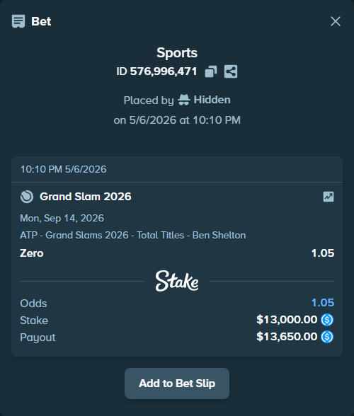 Bet slip: Grand Slam 2026, $13,000.00 stake at 1.05 odds, placed by Hidden
