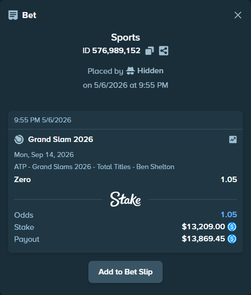 Bet slip: Grand Slam 2026, $13,209.00 stake at 1.05 odds, placed by Hidden