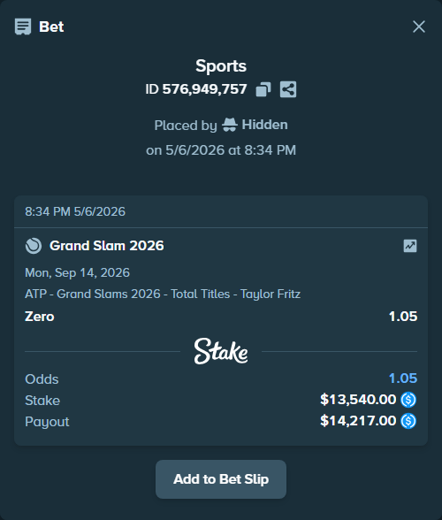 Bet slip: Grand Slam 2026, $13,540.00 stake at 1.05 odds, placed by Hidden