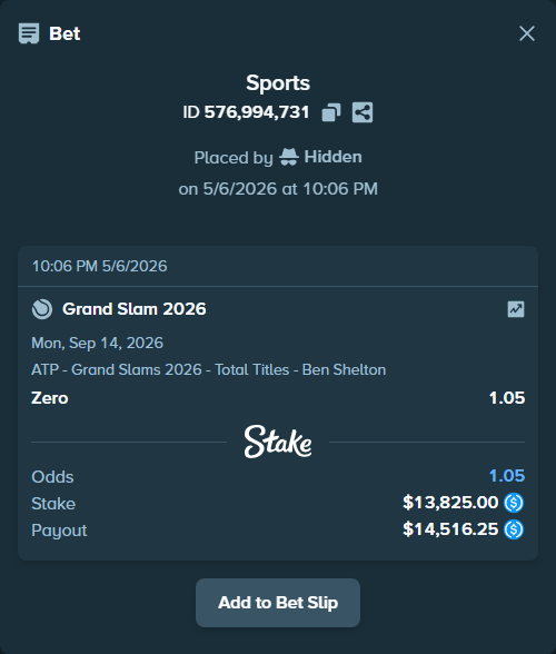 Bet slip: Grand Slam 2026, $13,825.00 stake at 1.05 odds, placed by Hidden