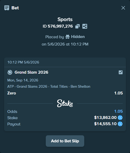 Bet slip: Grand Slam 2026, $13,862.00 stake at 1.05 odds, placed by Hidden