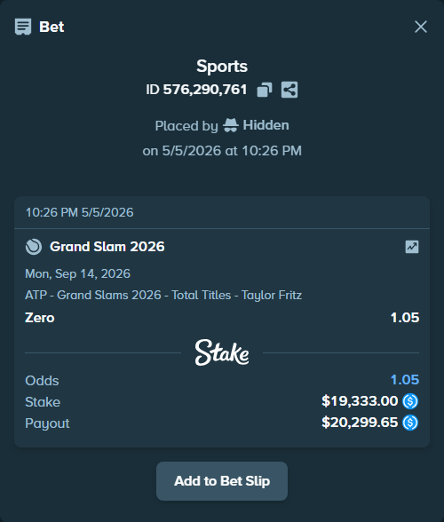 Bet slip: Grand Slam 2026, $19,333.00 stake at 1.05 odds, placed by Hidden