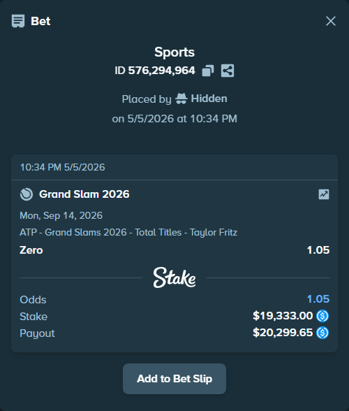 Bet slip: Grand Slam 2026, $19,333.00 stake at 1.05 odds, placed by Hidden