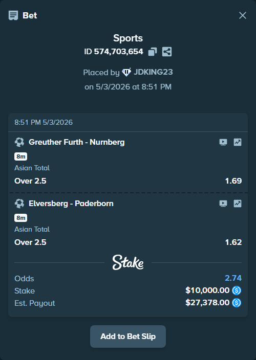 Bet slip: Greuther Furth - Nurnberg, $10,000.00 stake at 1.69 odds, placed by JDKING23