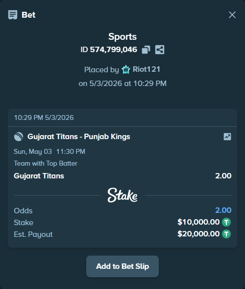 Bet slip: Gujarat Titans - Punjab Kings, $10,000.00 stake at 2.00 odds, placed by Riot121