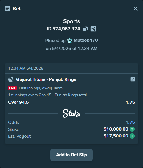 Bet slip: Gujarat Titans - Punjab Kings, $10,000.00 stake at 1.75 odds, placed by Muteeb470