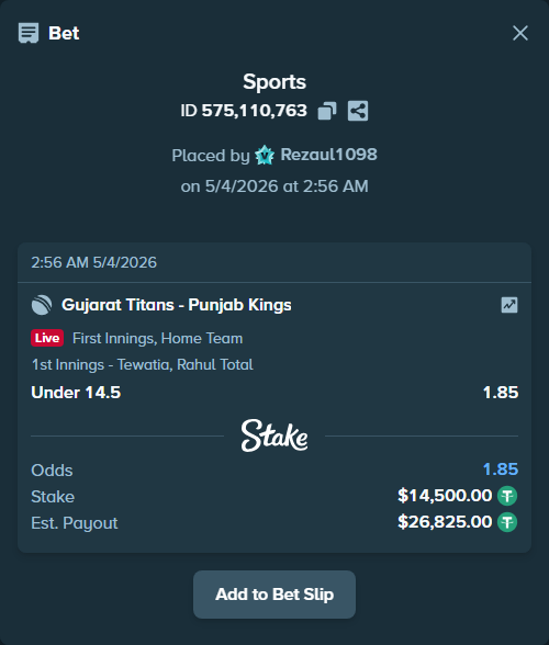 Bet slip: Gujarat Titans - Punjab Kings, $14,500.00 stake at 1.85 odds, placed by Rezaul1098