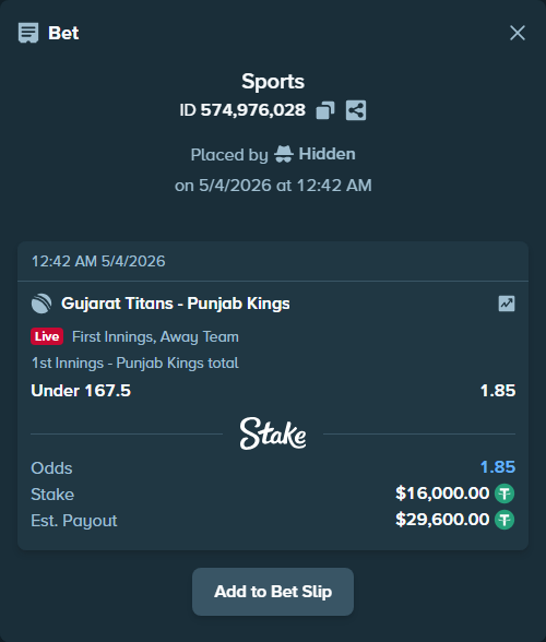Bet slip: Gujarat Titans - Punjab Kings, $16,000.00 stake at 1.85 odds, placed by Hidden
