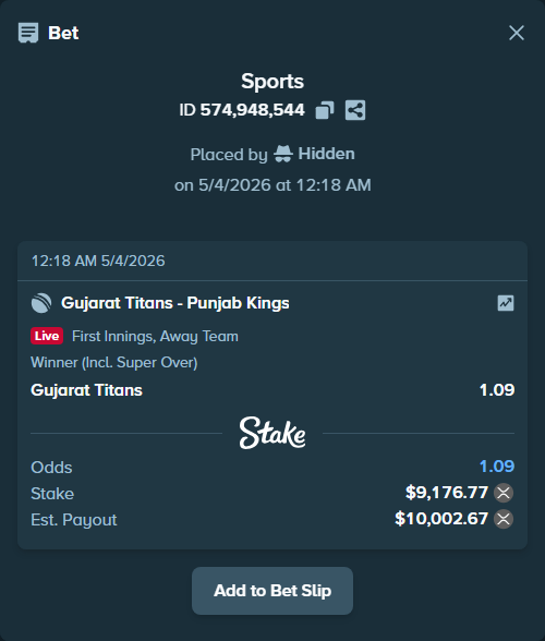 Bet slip: Gujarat Titans - Punjab Kings, $16,465.41 stake at 1.09 odds, placed by Hidden