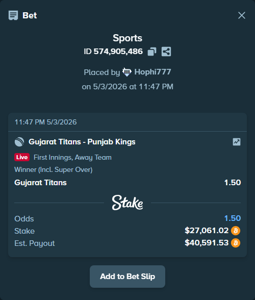 Bet slip: Gujarat Titans - Punjab Kings, $24,076.19 stake at 1.50 odds, placed by Hophi777
