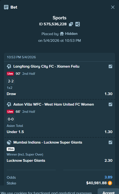 Bet slip: Hangzhou Linping Wuyue - Xiamen Feilu, $36,461.58 stake at 1.30 odds, placed by Hophi777