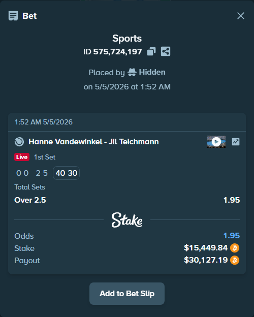 Bet slip: Hanne Vandewinkel - Jil Teichmann, $13,518.61 stake at 1.95 odds, placed by Hidden