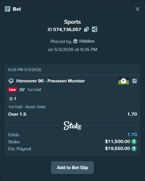 Bet slip: Hannover 96 - Preussen Munster, $11,500.00 stake at 1.70 odds, placed by Hidden