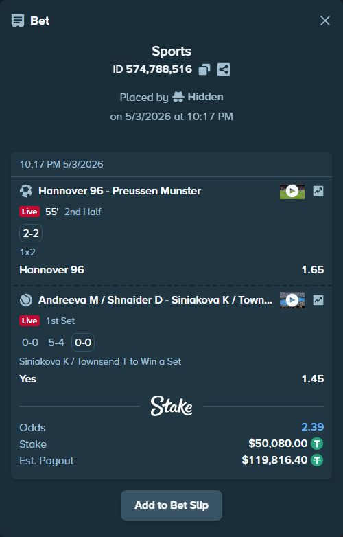 Bet slip: Hannover 96 - Preussen Munster, $50,080.00 stake at 1.65 odds, placed by Hidden