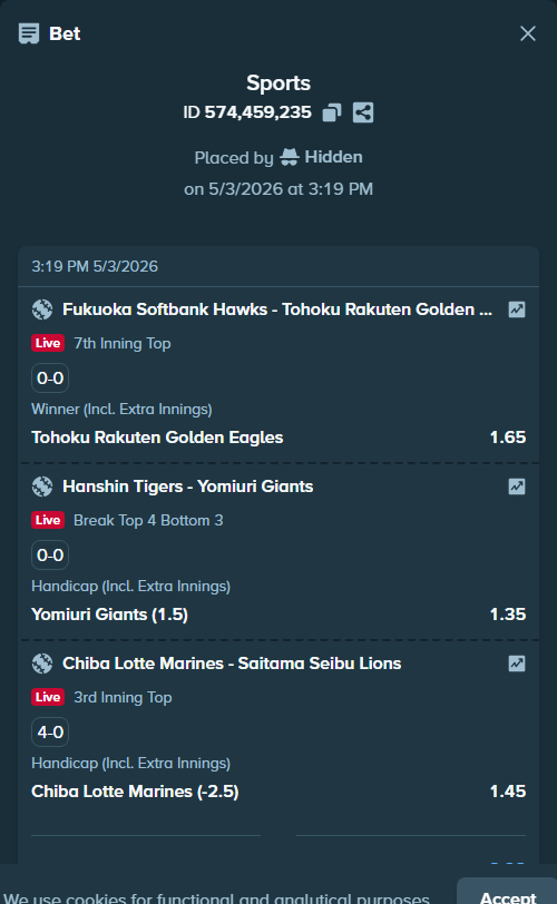 Bet slip: Hanshin Tigers - Yomiuri Giants, $11,571.36 stake at 1.35 odds, placed by Dash30