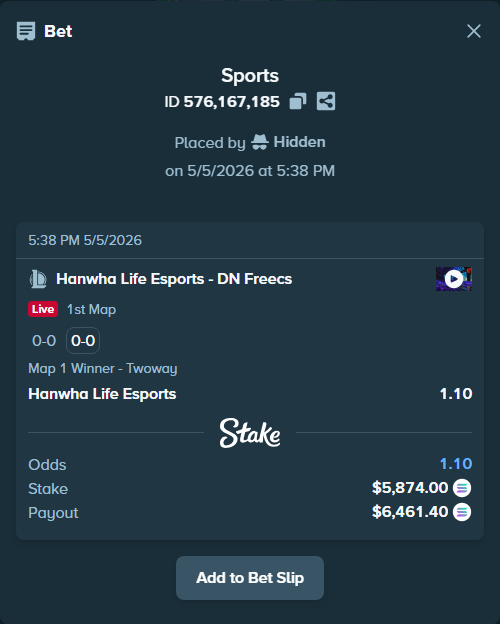 Bet slip: Hanwha Life Esports - DN SOOPers, $13,839.14 stake at 1.10 odds, placed by Hidden