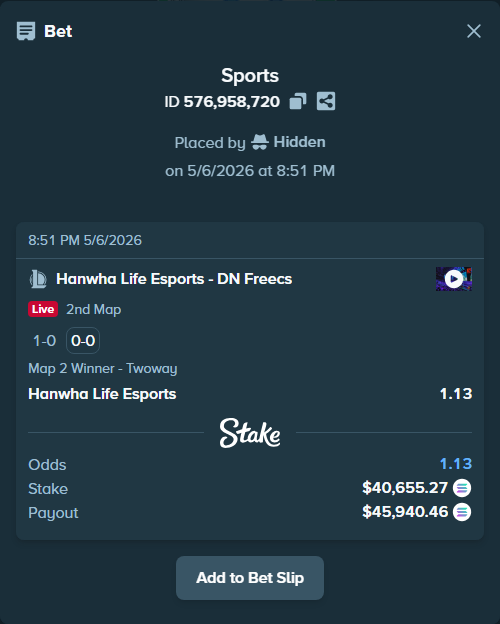 Bet slip: Hanwha Life Esports - DN SOOPers, $90,905.19 stake at 1.13 odds, placed by Hidden