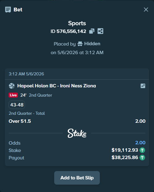 Bet slip: Hapoel Holon BC - Ironi Ness Ziona, $19,112.93 stake at 2.00 odds, placed by Hidden