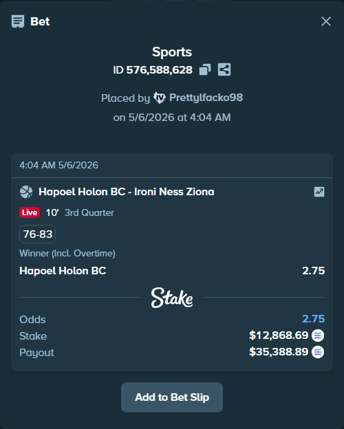 Bet slip: Hapoel Holon BC - Ironi Ness Ziona, $30,009.78 stake at 2.75 odds, placed by Prettylfacko98
