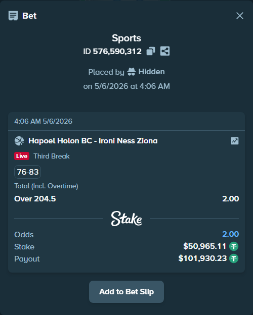 Bet slip: Hapoel Holon BC - Ironi Ness Ziona, $50,965.11 stake at 2.00 odds, placed by Hidden
