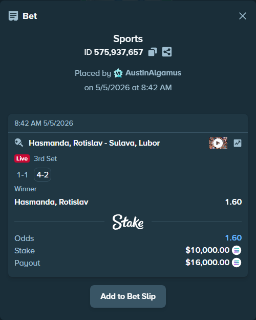 Bet slip: Hasmanda, Rostislav - Sulava, Lubor, $23,740.00 stake at 1.60 odds, placed by AustinAlgamus