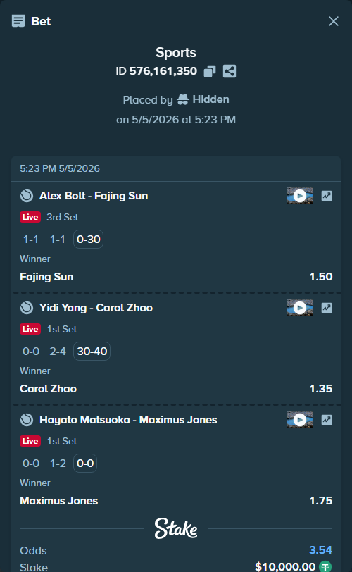 Bet slip: Hayato Matsuoka - Maximus Jones, $10,000.00 stake at 1.75 odds, placed by Hidden