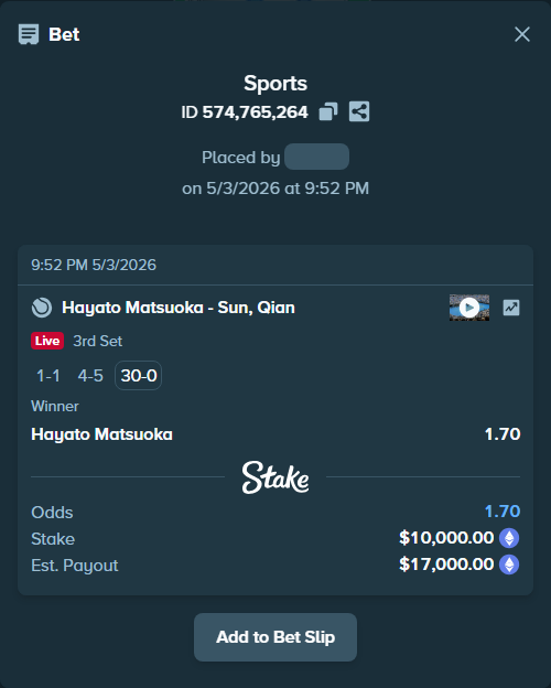 Bet slip: Hayato Matsuoka - Qian Sun, $15,025.50 stake at 1.70 odds, placed by AustinAlgamus