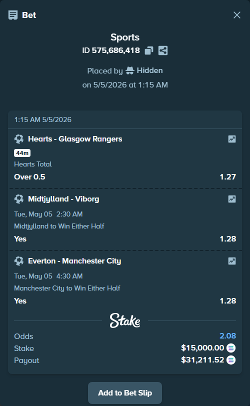 Bet slip: Hearts - Glasgow Rangers, $35,580.00 stake at 1.27 odds, placed by Hidden