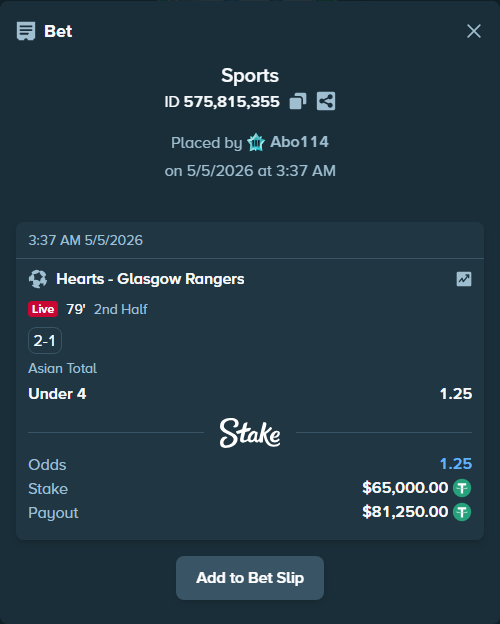 Bet slip: Hearts - Glasgow Rangers, $65,000.00 stake at 1.25 odds, placed by Abo114