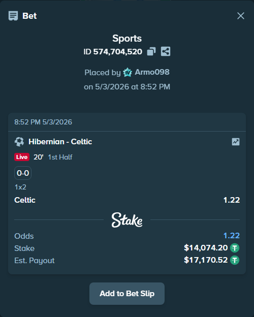 Bet slip: Hibernian - Celtic, $14,074.20 stake at 1.22 odds, placed by Armo098