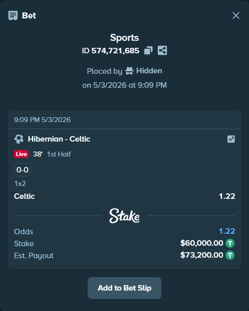 Bet slip: Hibernian - Celtic, $60,000.00 stake at 1.22 odds, placed by Hidden