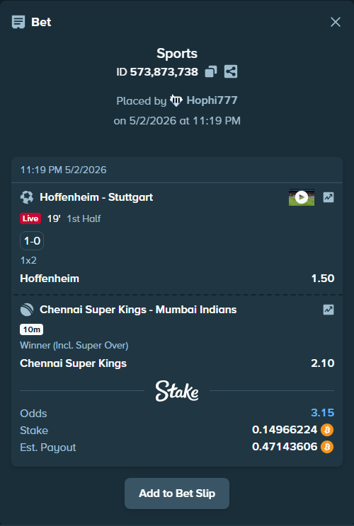 Bet slip: Hoffenheim - Stuttgart, $10,476.36 stake at 1.50 odds, placed by Hophi777