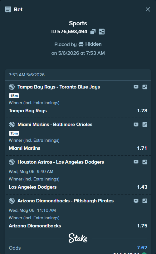 Bet slip: Houston Astros - Los Angeles Dodgers, $10,047.00 stake at 1.43 odds, placed by Hidden