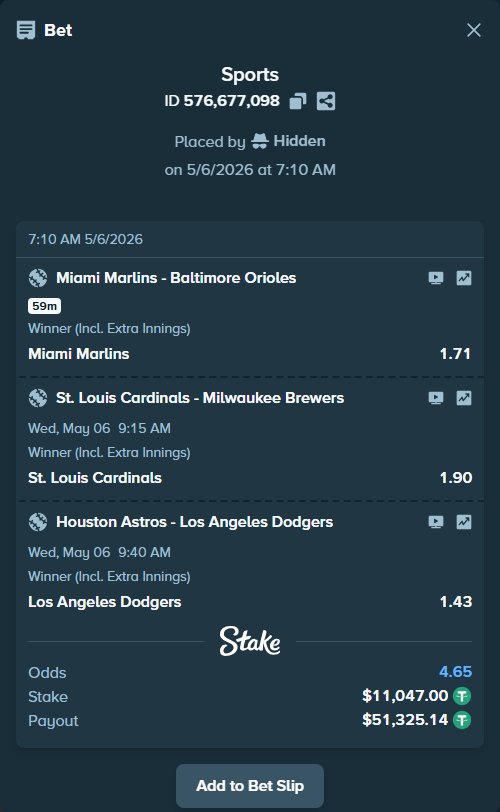 Bet slip: Houston Astros - Los Angeles Dodgers, $11,047.00 stake at 1.43 odds, placed by Hidden