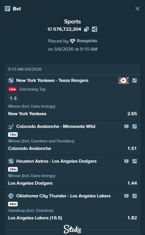 Bet slip: Houston Astros - Los Angeles Dodgers, $15,503.52 stake at 1.44 odds, placed by Rosspicks