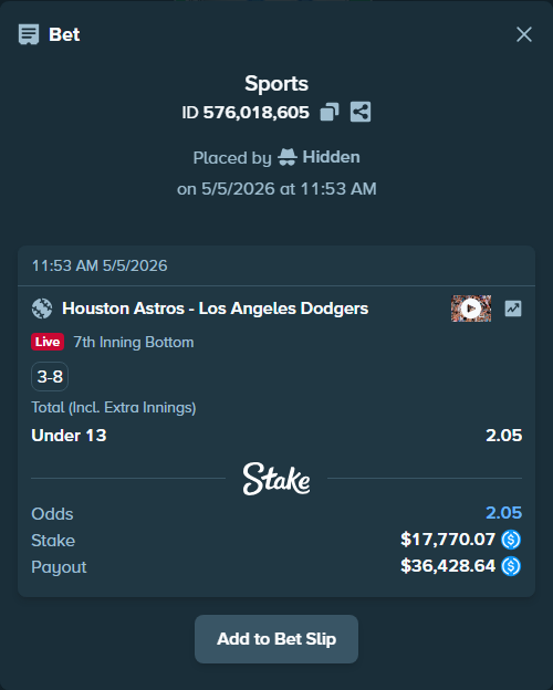 Bet slip: Houston Astros - Los Angeles Dodgers, $17,770.07 stake at 2.05 odds, placed by Hidden