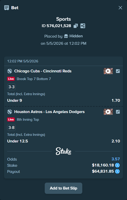Bet slip: Houston Astros - Los Angeles Dodgers, $18,160.18 stake at 2.10 odds, placed by Hidden