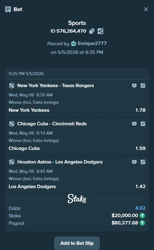 Bet slip: Houston Astros - Los Angeles Dodgers, $20,000.00 stake at 1.42 odds, placed by Enrique2777
